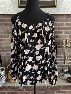 Elan Black Floral Cold-Shoulder Blouse with Ruffle